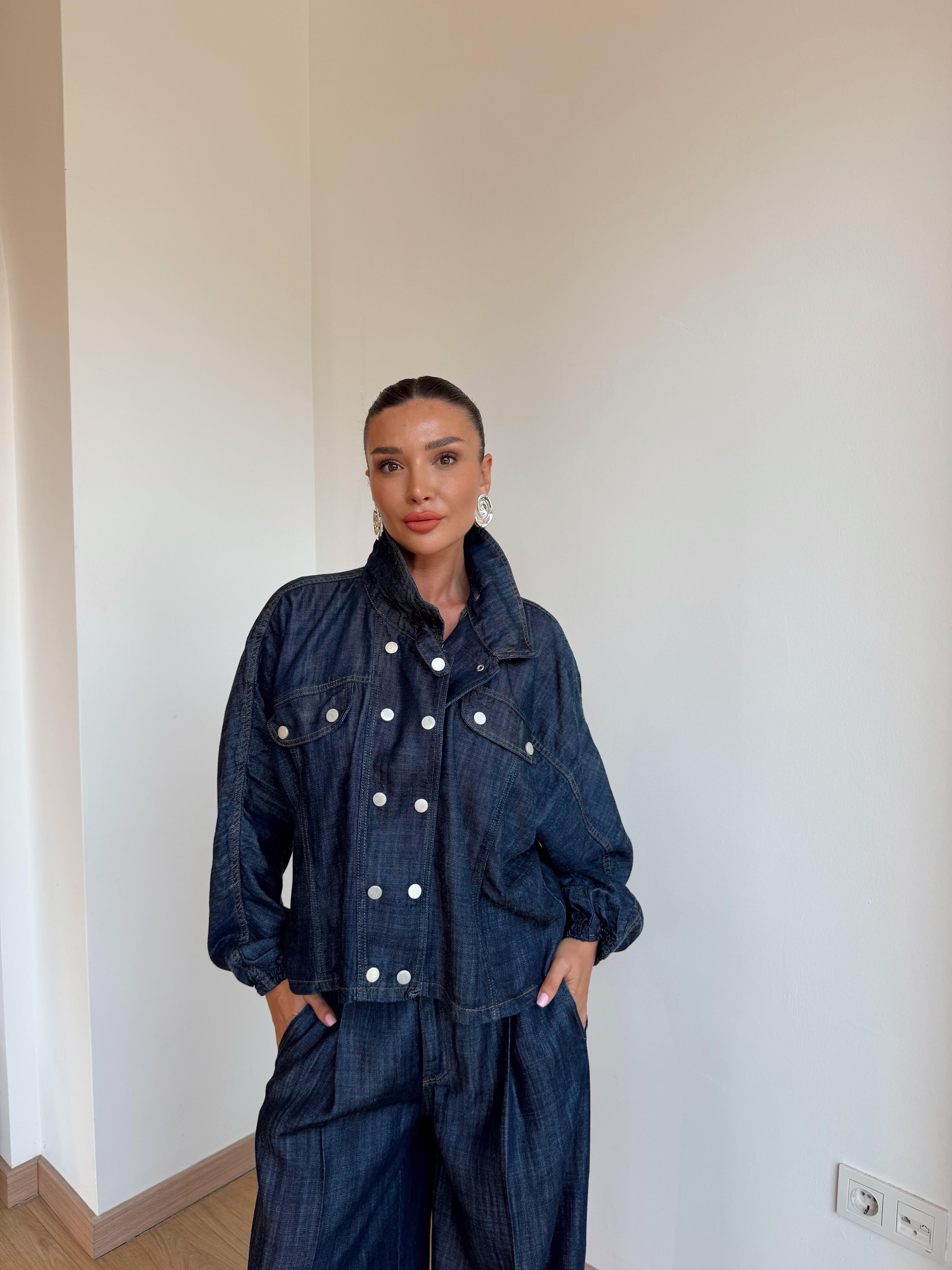 Dik Yaka Çıtçıt Düğmeli Denim Ceket Lacivert · 3
