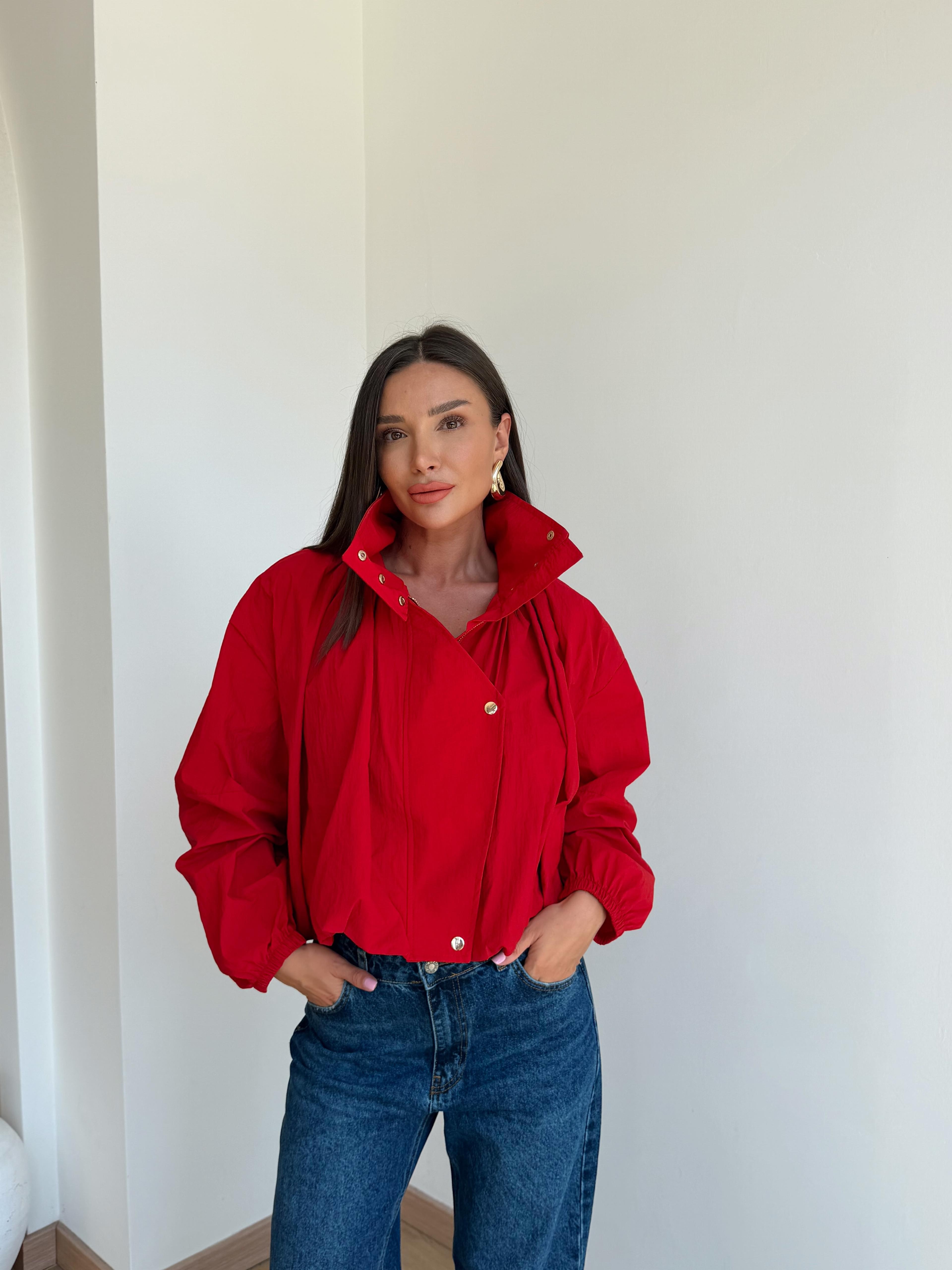 Oversize Dik Yaka Bomber Ceket Kırmızı · 2