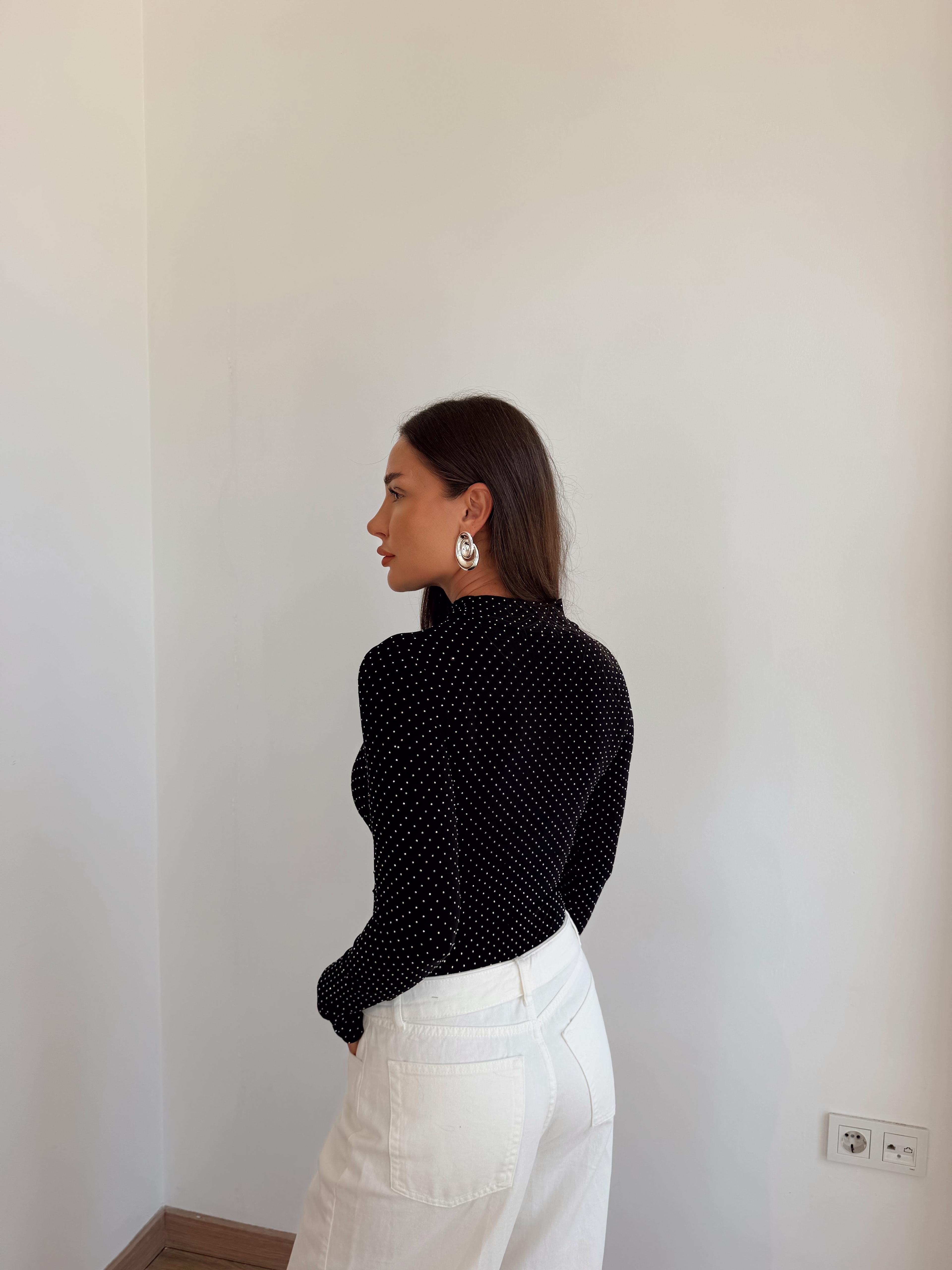 Taş Baskılı Bodysuit Siyah · 2