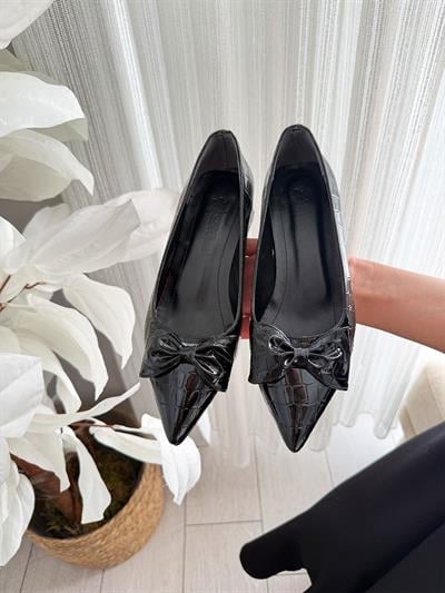 Kadın Marci Siyah Kroko Fiyonklu 3,5 Cm Blok Topuklu Stiletto&Ayakkabı  Siyah Kroko