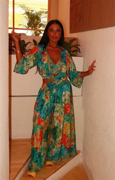 CORLIN Bohem İpek Crop Bolero Pantolon Takım