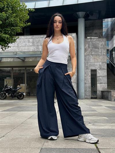 SILVY Pileli Çizgili Yüsek Bel Lacivert Kumaş Pantolon