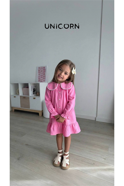 Unicorn Kız Çocuk Fuşya Pembe Fisto Bebe Yaka Klasik Kesim Elbise