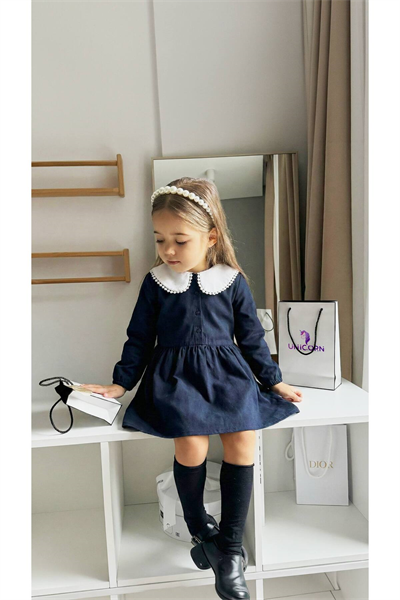 Unicorn Kız Çocuk Lacivert Brode Bebe Yaka Klasik Kesim Elbise