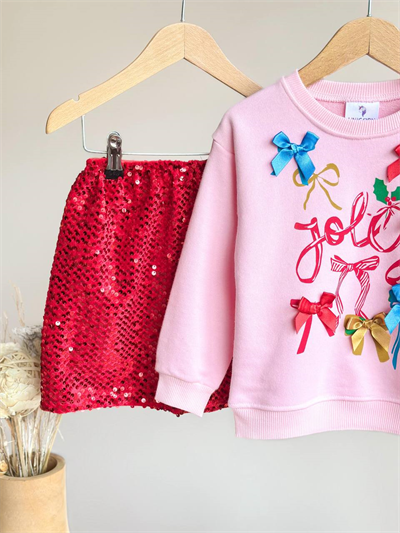 Unicorn Kız Çocuk Pembe Jolly Baskılı Renkli Fiyonklu Payetli Etekli Takım