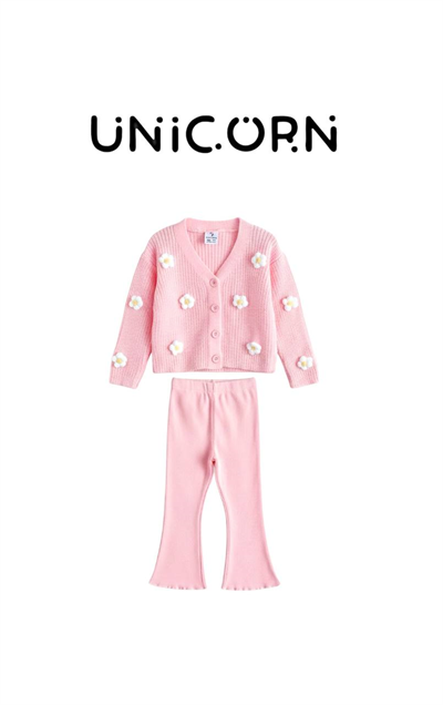 Unicorn Kız Çocuk Pembe Papatya Kabartma Desenli V Yaka Hırkalı Triko Takım