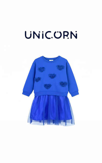 Unicorn Kız Çocuk Saks Mavi Kalp Nakışlı Sweatshirt Tül Etekli Alt Üst Takım