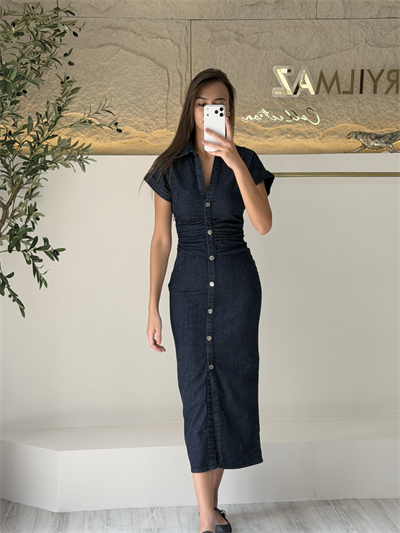 Düğme Detaylı Denim Elbise