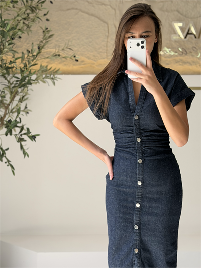 Düğme Detaylı Denim Elbise