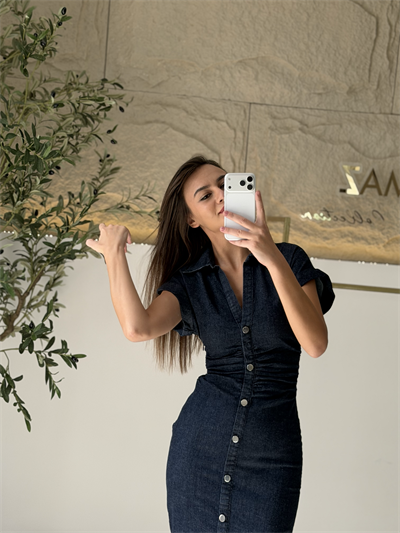Düğme Detaylı Denim Elbise