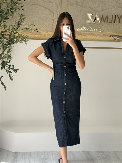 Düğme Detaylı Denim Elbise