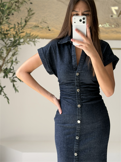 Düğme Detaylı Denim Elbise