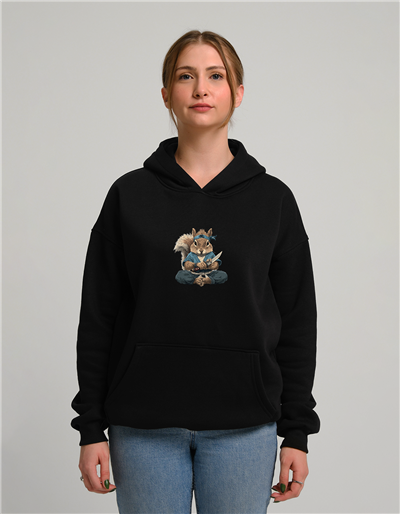 Bıçaklı Samuray Sincap Baskılı Unisex Kapüşonlu Sweatshirt