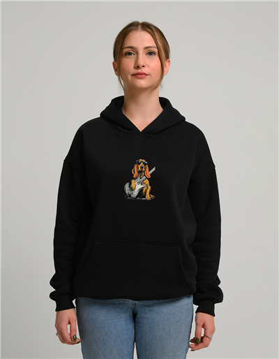 Gitarlı Köpek Baskılı Unisex Kapüşonlu Sweatshirt