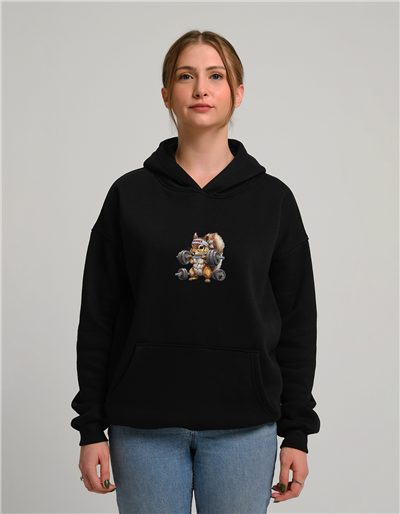 Halterci Sincap Baskılı Unisex Kapüşonlu Sweatshirt