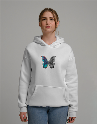 Kelebek Baskılı Unisex Kapüşonlu Sweatshirt