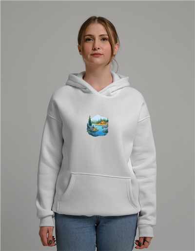 Nehir Manzaralı Baskılı Unisex Kapüşonlu Sweatshirt