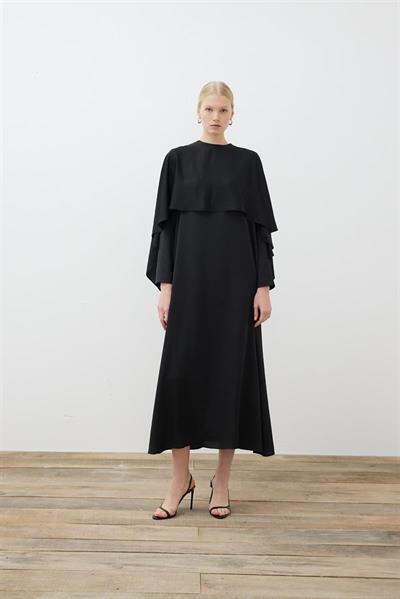 AMELIA CAPE DRESS WITH STONE DETAILS BLACK