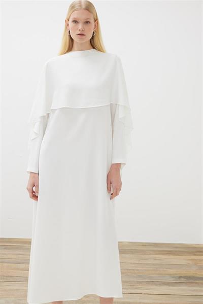 AMELIA CAPE DRESS WITH STONE DETAILS ECRU