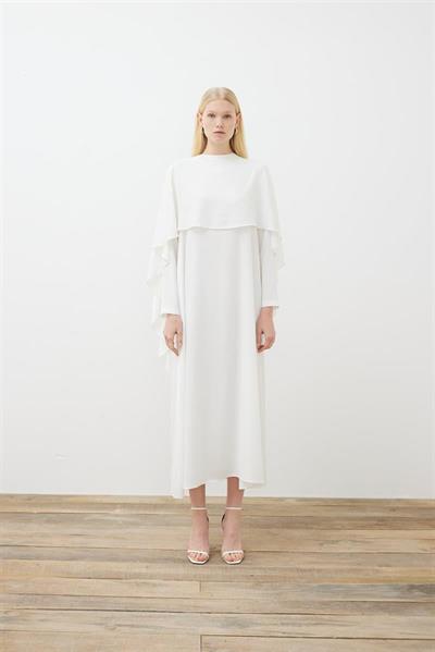 AMELIA CAPE DRESS WITH STONE DETAILS ECRU