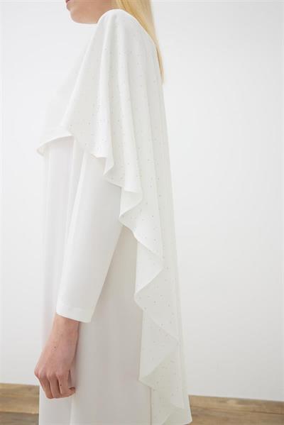 AMELIA CAPE DRESS WITH STONE DETAILS ECRU