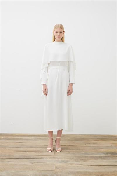 AMELIA CAPE DRESS WITH STONE DETAILS ECRU