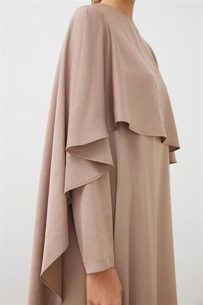 AMELIA CAPE DRESS WITH STONE DETAILS MINK