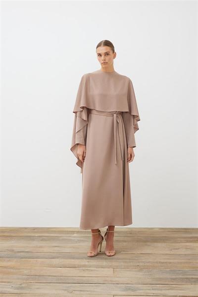 AMELIA CAPE DRESS WITH STONE DETAILS MINK