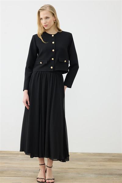 AMIRA CREPE JACKET & CHIFFON SKIRT SET BLACK