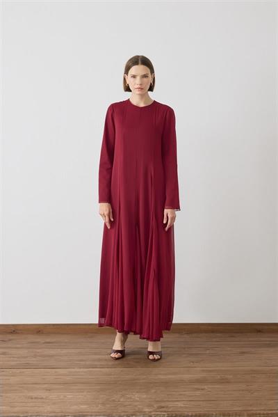 AURA DOKULU ŞİFON ELBİSE BORDO
