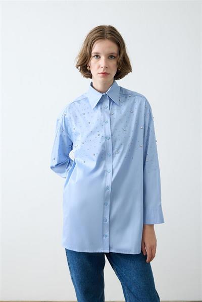 CARA STONE EMBELLISHED COTTON SHIRT BABY BLUE