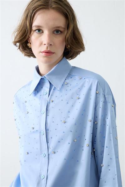 CARA STONE EMBELLISHED COTTON SHIRT BABY BLUE