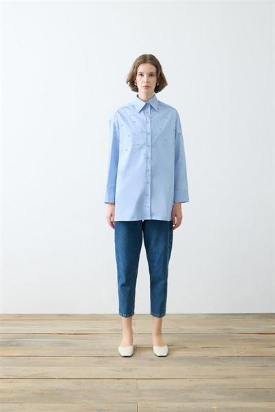 CARA STONE EMBELLISHED COTTON SHIRT BABY BLUE
