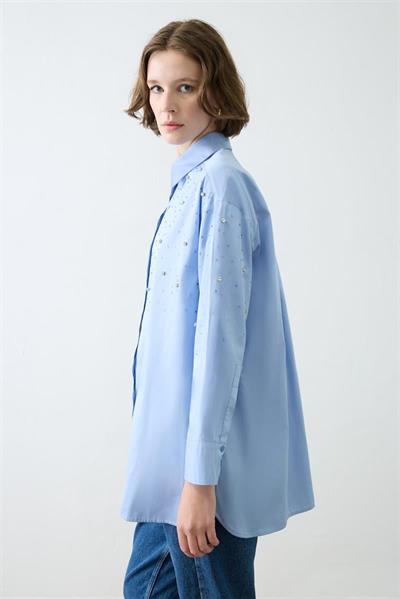 CARA STONE EMBELLISHED COTTON SHIRT BABY BLUE