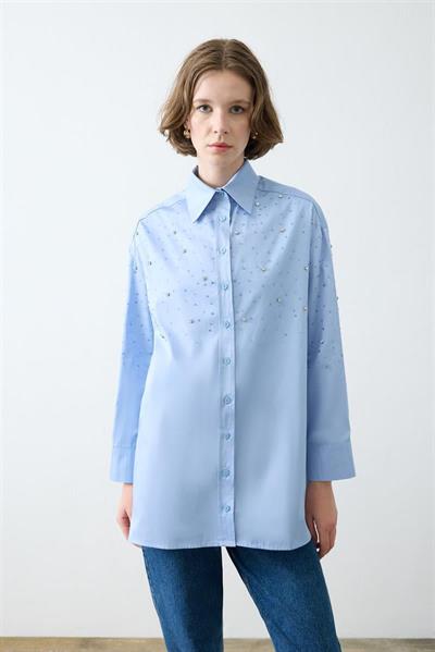 CARA STONE EMBELLISHED COTTON SHIRT BABY BLUE
