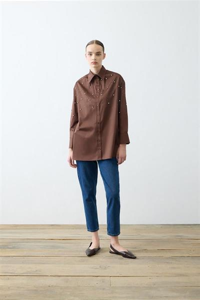 CARA STONE EMBELLISHED COTTON SHIRT BROWN