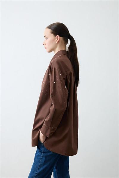 CARA STONE EMBELLISHED COTTON SHIRT BROWN