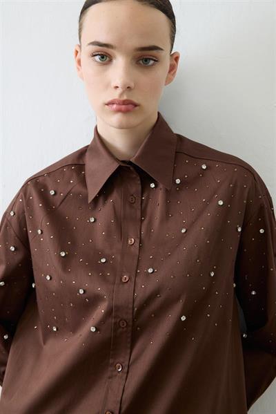 CARA STONE EMBELLISHED COTTON SHIRT BROWN