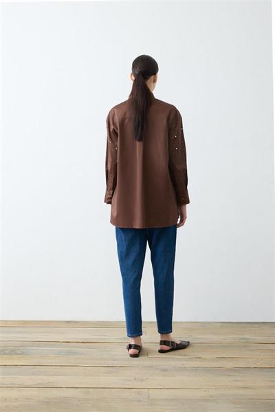CARA STONE EMBELLISHED COTTON SHIRT BROWN