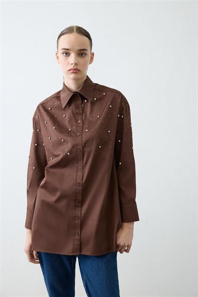 CARA STONE EMBELLISHED COTTON SHIRT BROWN