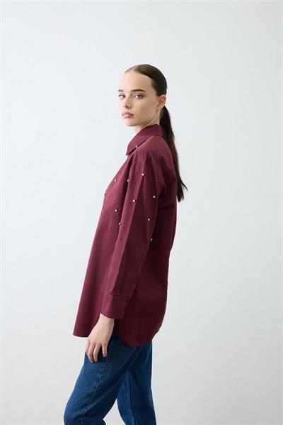 CARA STONE EMBELLISHED COTTON SHIRT BURGUNDY