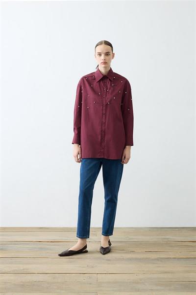 CARA STONE EMBELLISHED COTTON SHIRT BURGUNDY