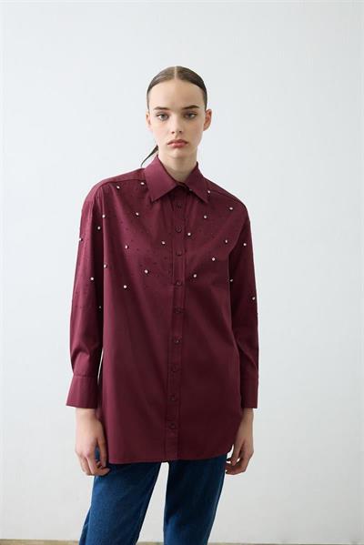 CARA STONE EMBELLISHED COTTON SHIRT BURGUNDY
