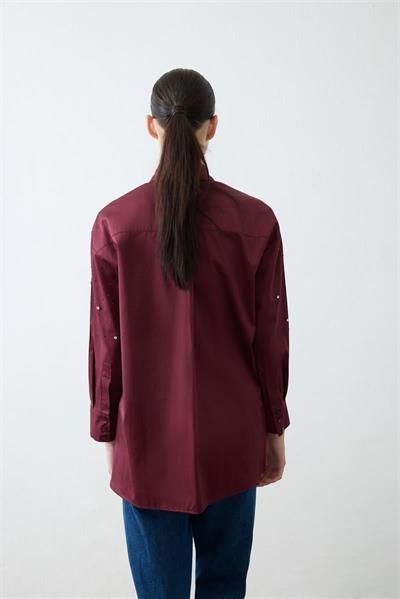 CARA STONE EMBELLISHED COTTON SHIRT BURGUNDY