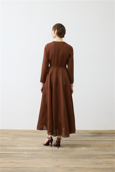 CLARA 100% LINEN FITTED DRESS BROWN