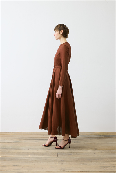 CLARA 100% LINEN FITTED DRESS BROWN