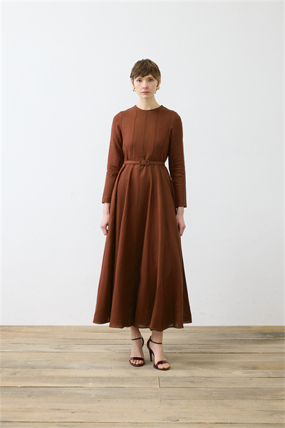 CLARA 100% LINEN FITTED DRESS BROWN