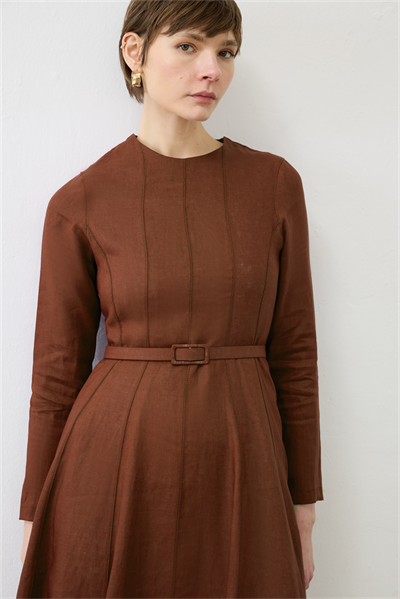 CLARA 100% LINEN FITTED DRESS BROWN
