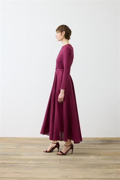 CLARA 100% LINEN FITTED DRESS BURGUNDY