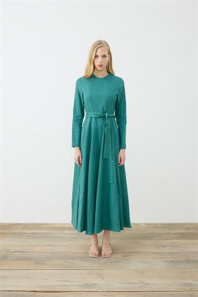 CLARA 100% LINEN FITTED DRESS GREEN